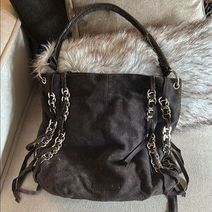 Kelsi Dagger Cameron Chocolate Brown Suede Bag with Gold Chain Details